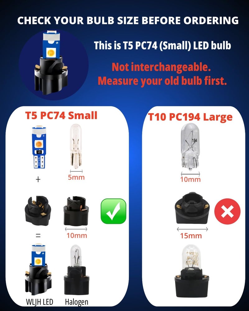 WLJH 74 Led Bulb Dash Lights Extremely Bright T5 2721 18 37 286 Wedge PC74 Twist Socket Automotive Instrument Panel Gauge Light Kits Dashboard Cluster Shift Bulbs Purple Pack of 20 - Image 5